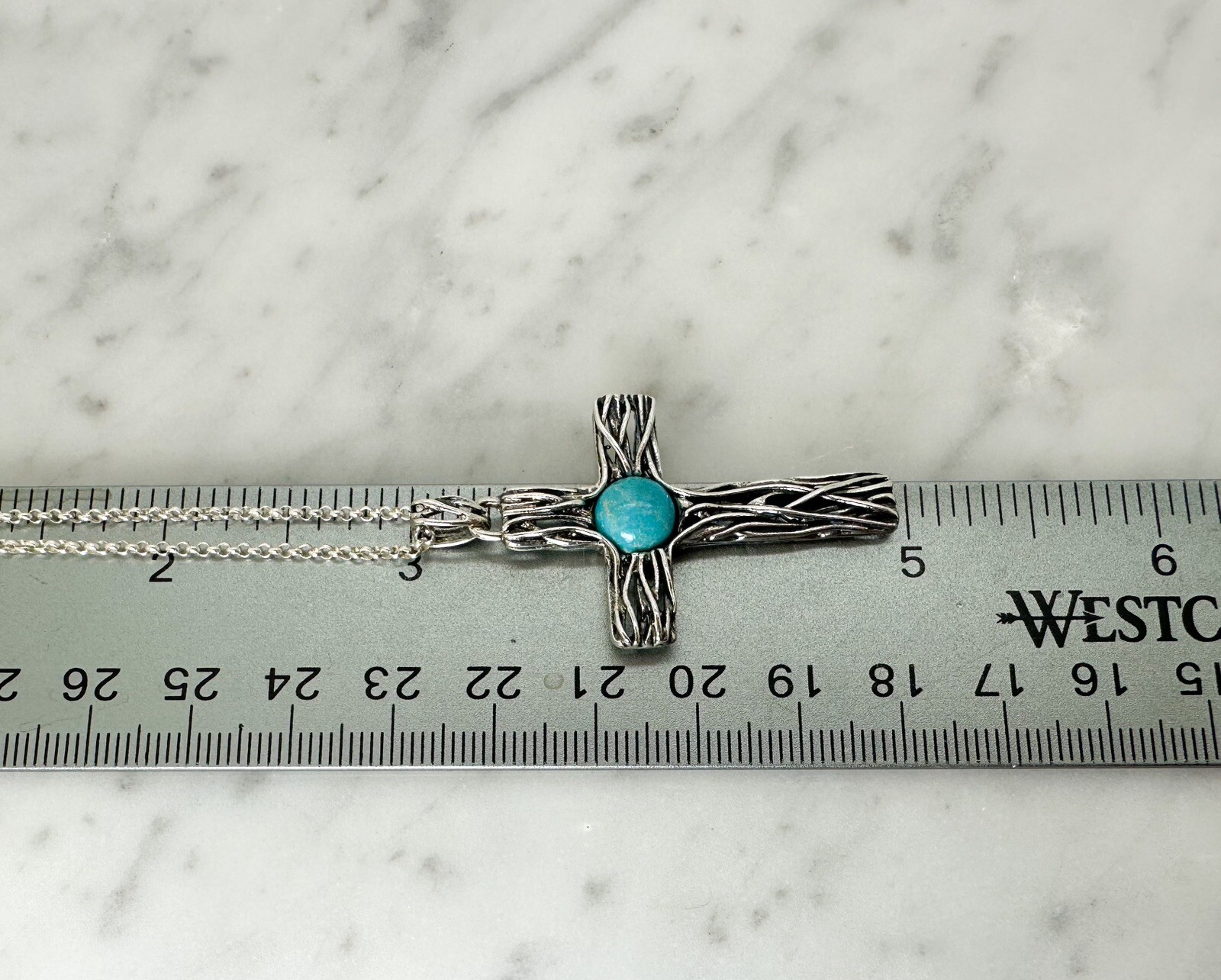 Israel PZ 925 Wire Cross with Turquoise Pendant 18" Necklace 10955 - Image 11