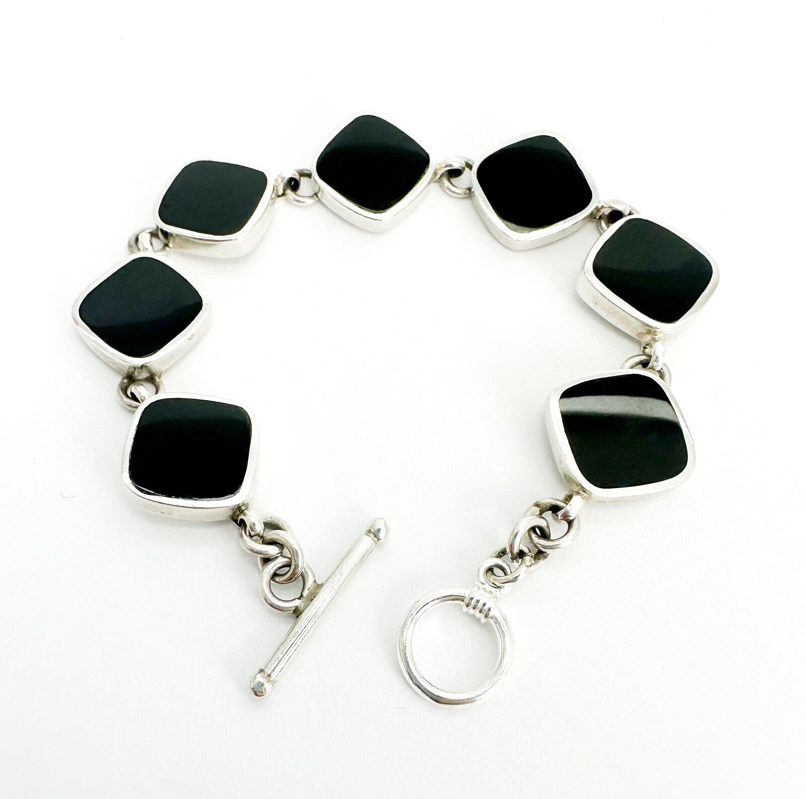 Sterling Silver 925 Black Onyx Gemstone Link Toggle 7" Bracelet 10965 - Image 3