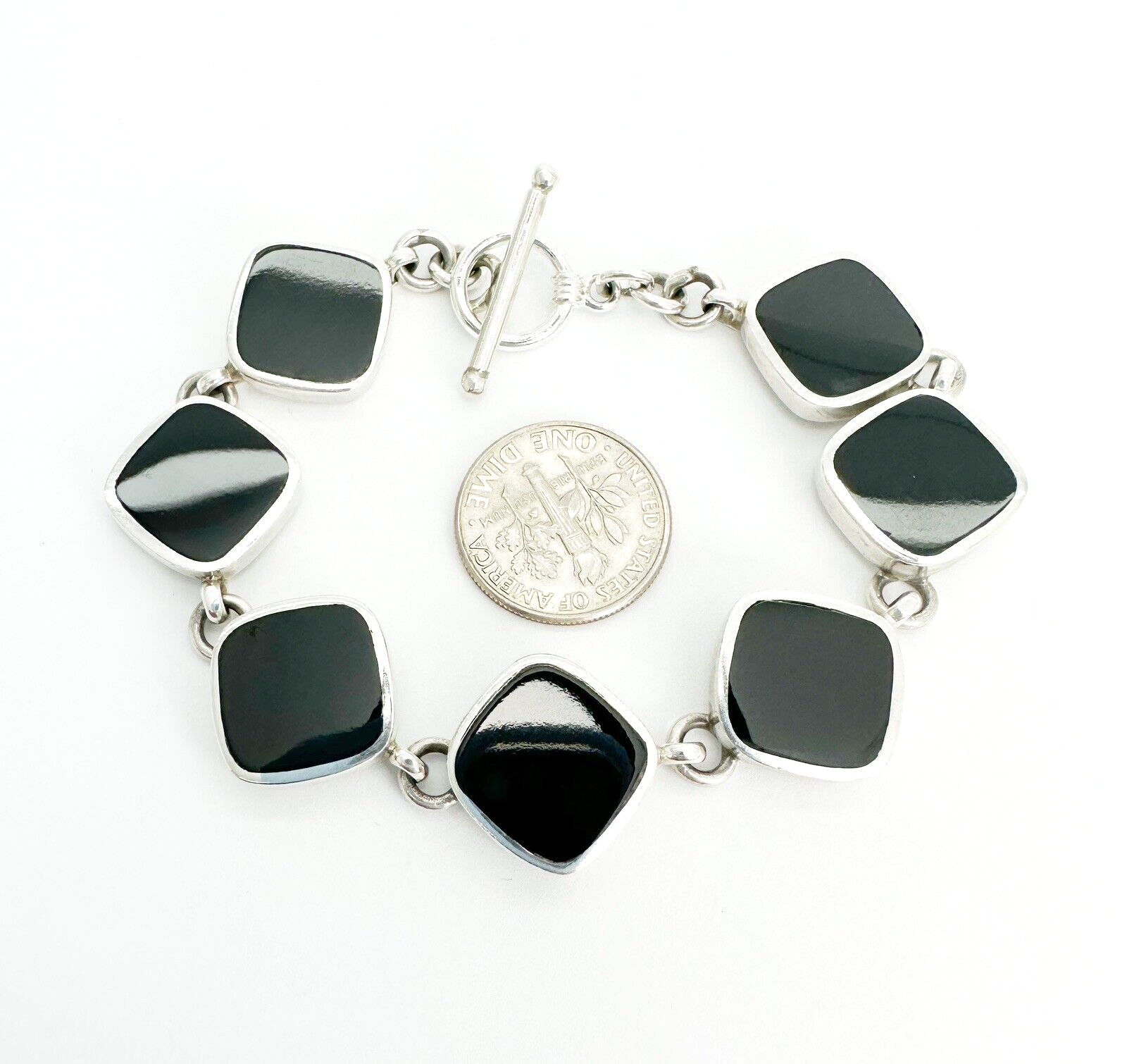 Sterling Silver 925 Black Onyx Gemstone Link Toggle 7" Bracelet 10965 - Image 5