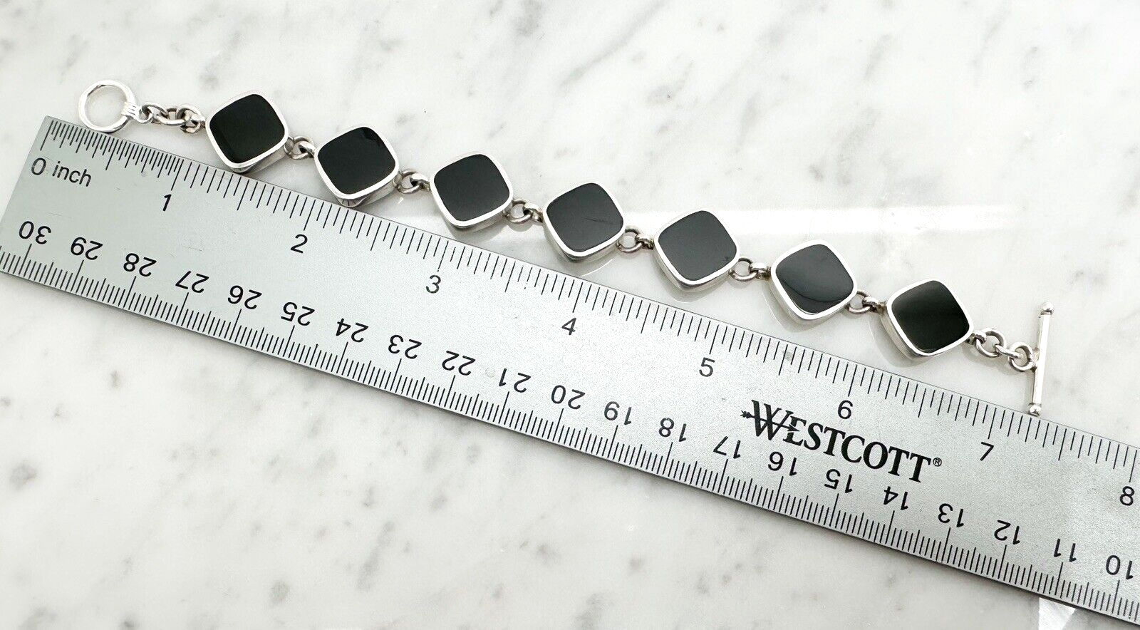 Sterling Silver 925 Black Onyx Gemstone Link Toggle 7" Bracelet 10965 - Image 8
