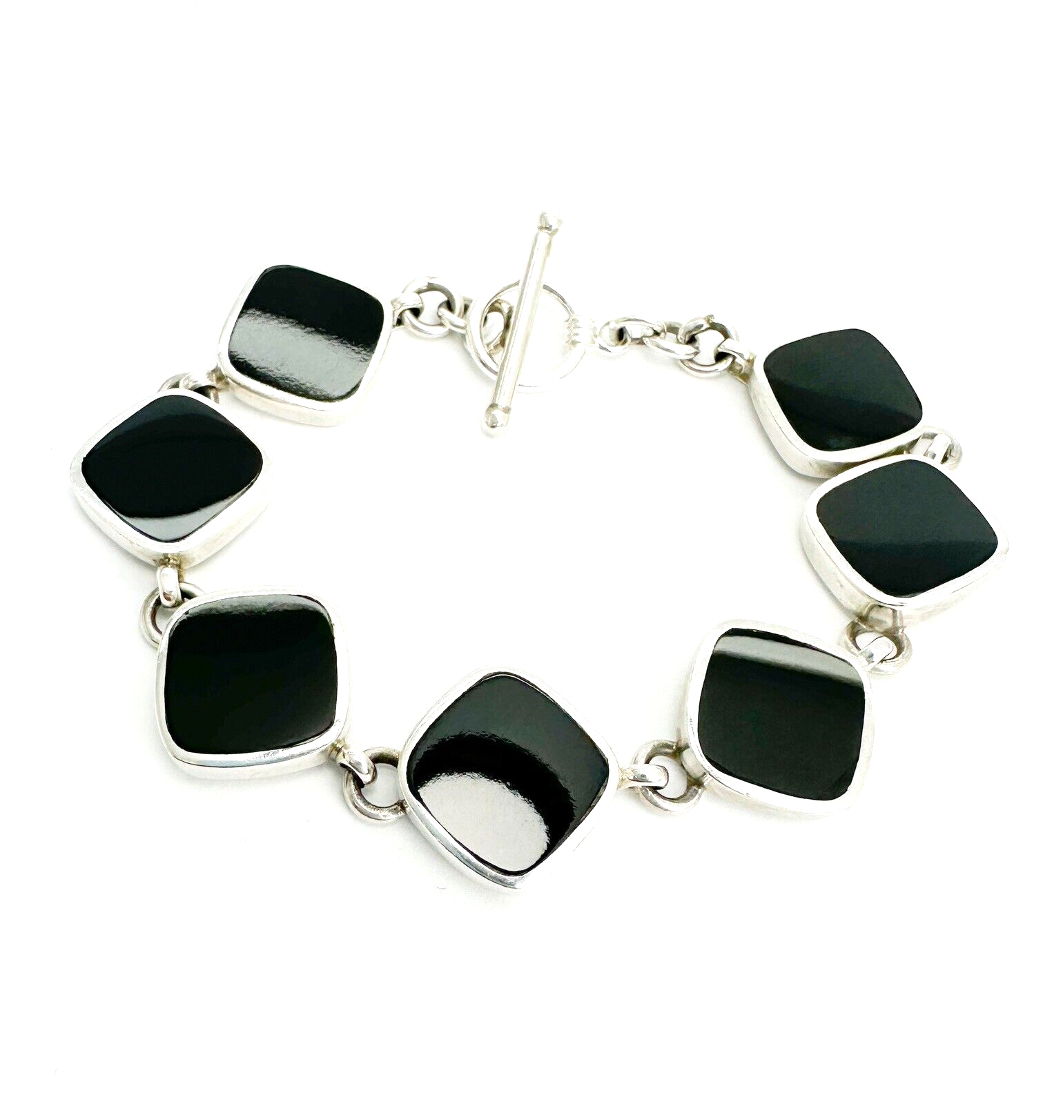 Sterling Silver 925 Black Onyx Gemstone Link Toggle 7" Bracelet 10965 - Image 11