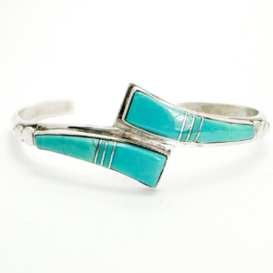 Signed Lone Wolf 925 Turquoise Inlay Wishbone Cuff Bracelet 10292