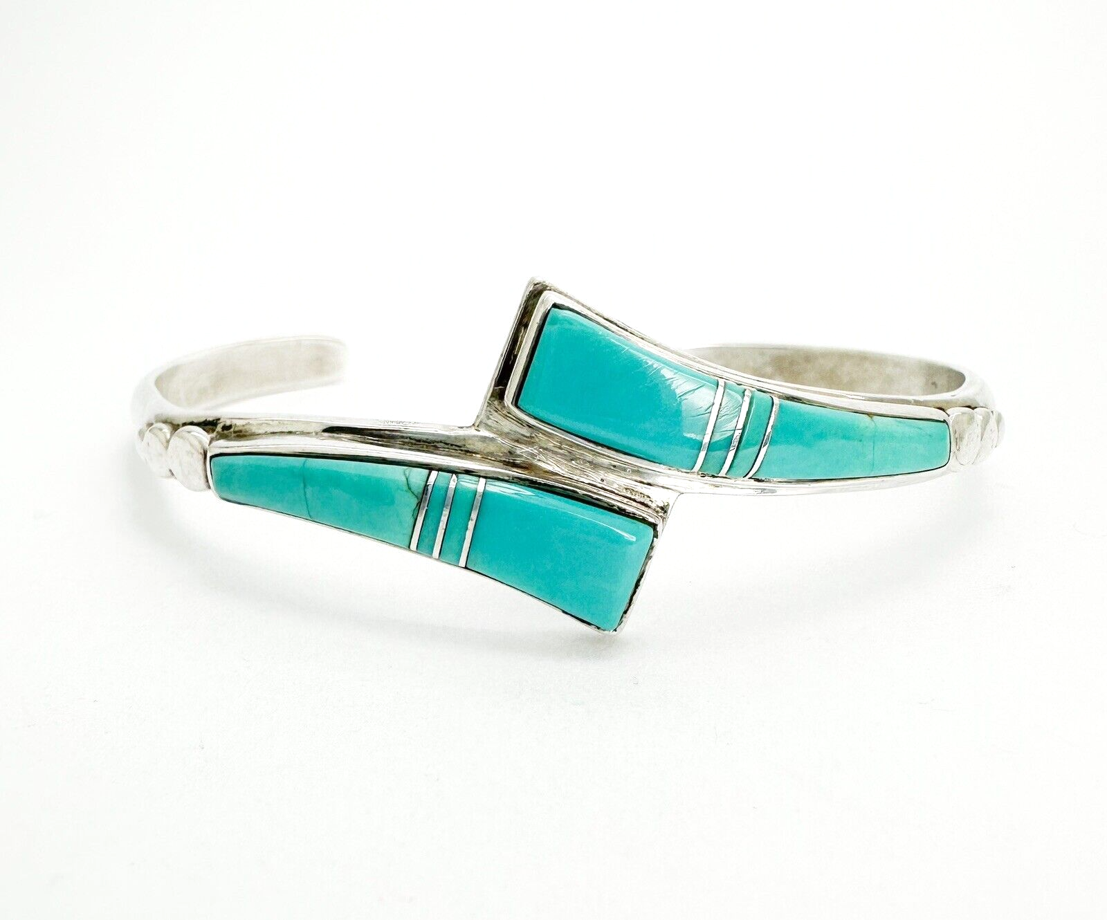 Signed Lone Wolf 925 Turquoise Inlay Wishbone Cuff Bracelet 10292