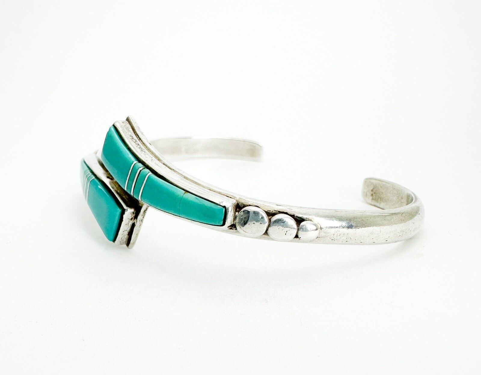 Signed Lone Wolf 925 Turquoise Inlay Wishbone Cuff Bracelet 10292 - Image 2