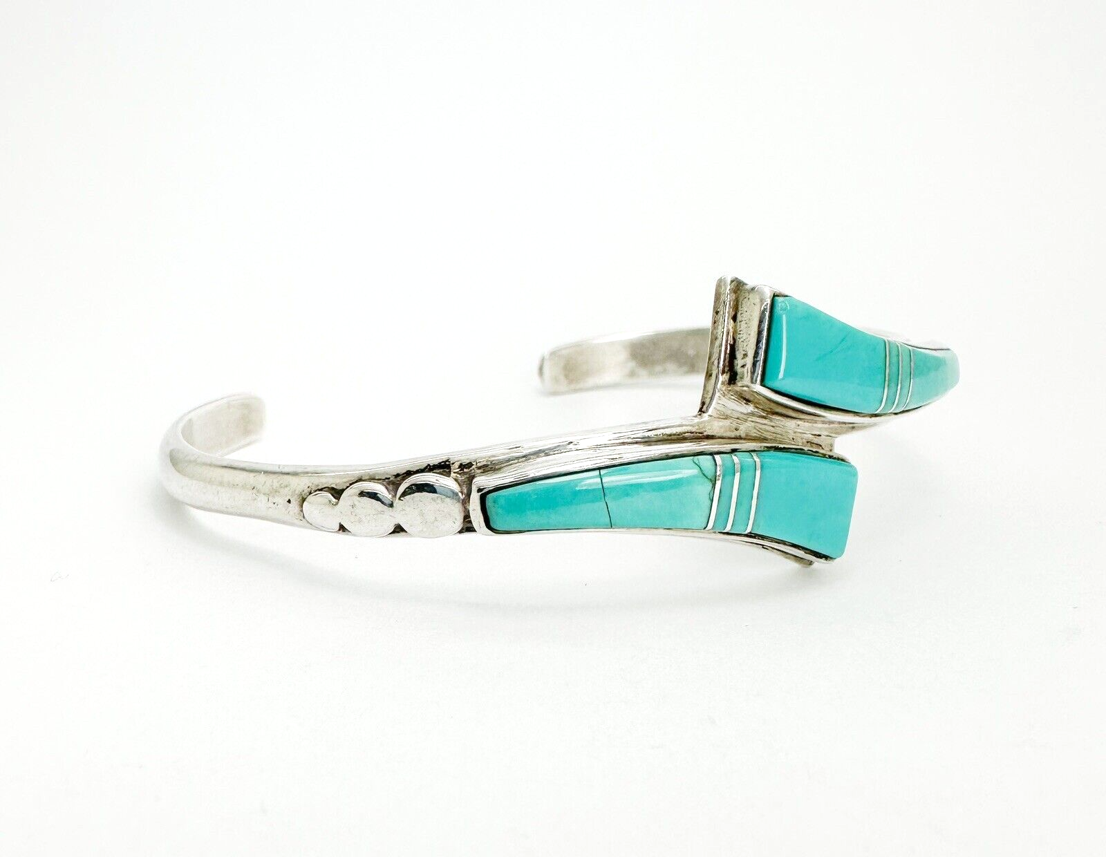 Signed Lone Wolf 925 Turquoise Inlay Wishbone Cuff Bracelet 10292 - Image 3
