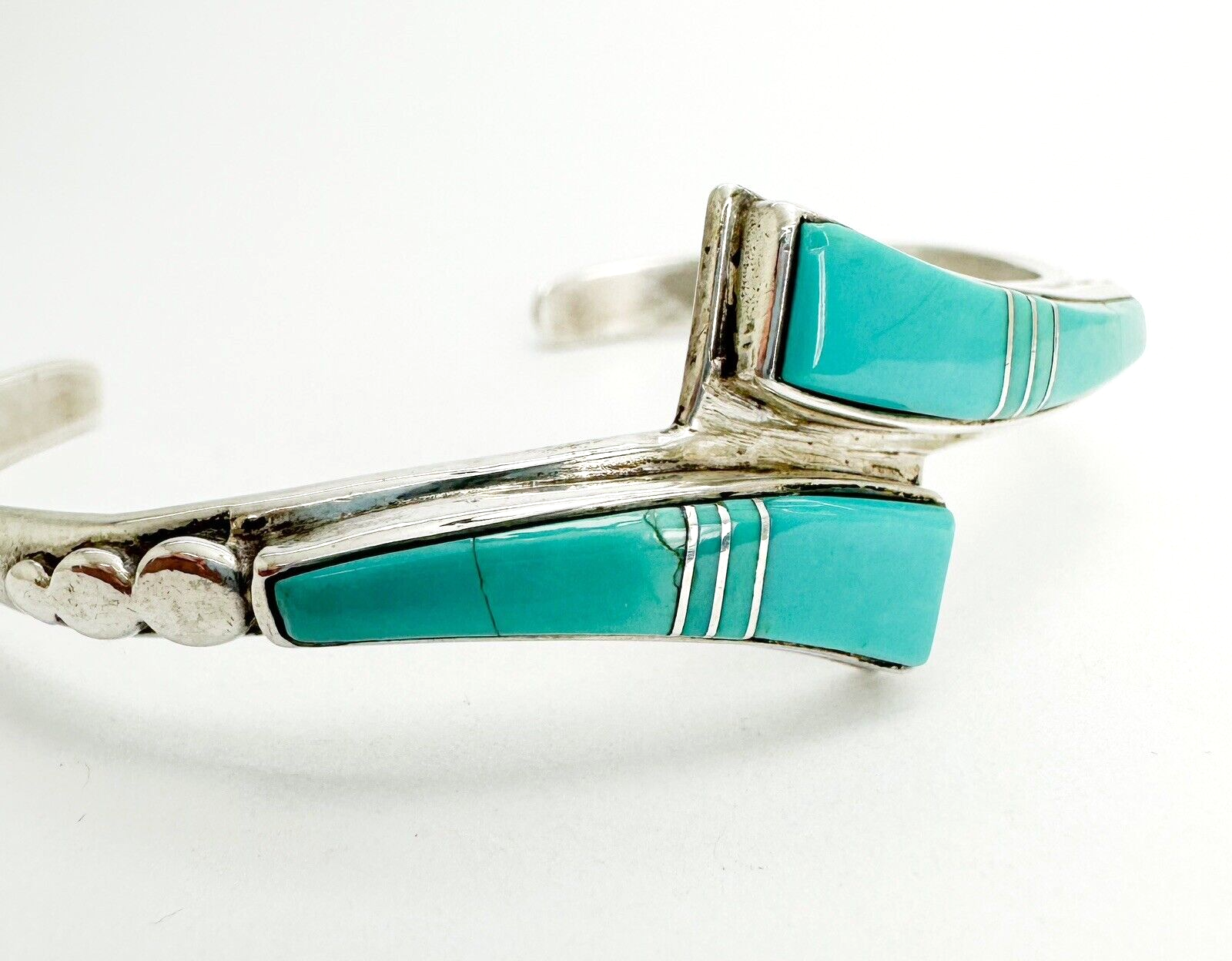 Signed Lone Wolf 925 Turquoise Inlay Wishbone Cuff Bracelet 10292 - Image 4