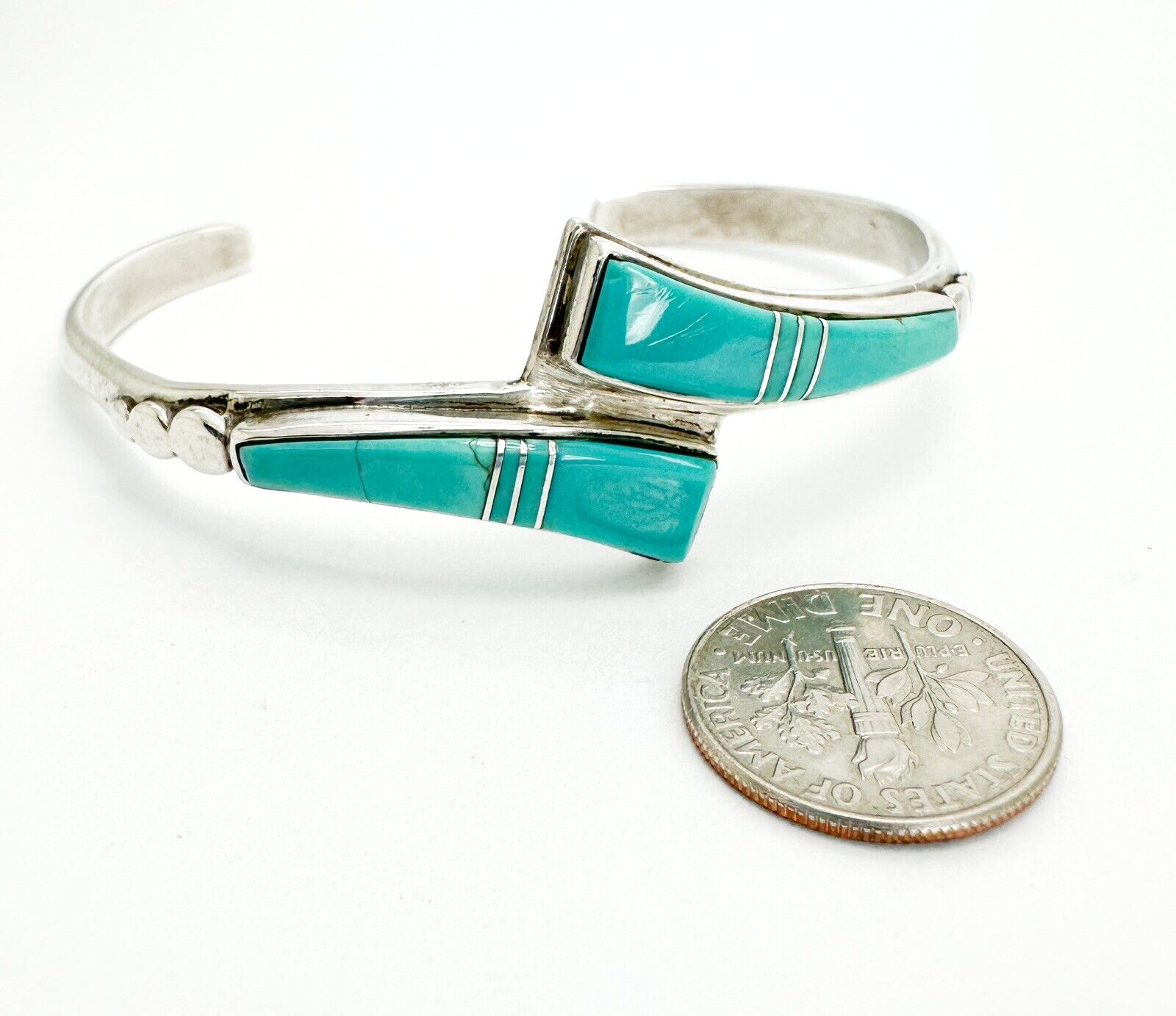 Signed Lone Wolf 925 Turquoise Inlay Wishbone Cuff Bracelet 10292 - Image 5