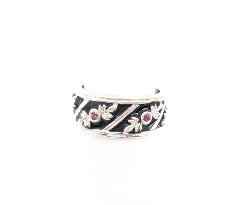 Sterling Silver 925 6.75 Ring Black Enamel & Pink Quartz Band R353-FOX1074
