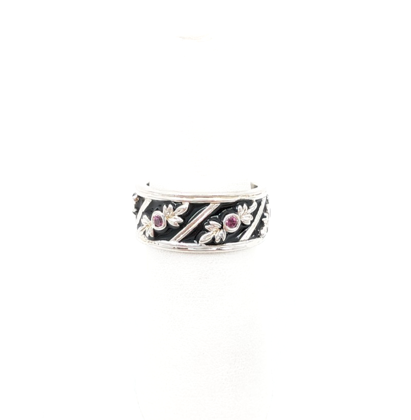 Sterling Silver 925 6.75 Ring Black Enamel & Pink Quartz Band R353-FOX1074 - Image 2
