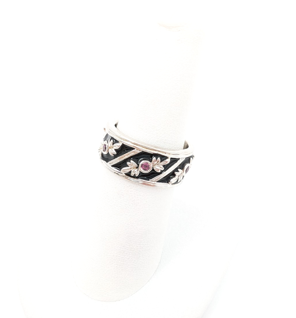 Sterling Silver 925 6.75 Ring Black Enamel & Pink Quartz Band R353-FOX1074 - Image 4