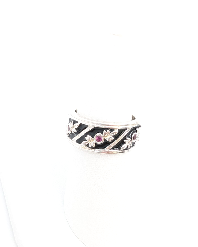 Sterling Silver 925 6.75 Ring Black Enamel & Pink Quartz Band R353-FOX1074 - Image 5