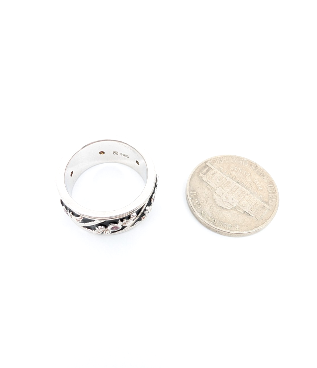 Sterling Silver 925 6.75 Ring Black Enamel & Pink Quartz Band R353-FOX1074 - Image 8
