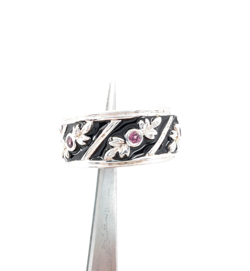 Sterling Silver 925 6.75 Ring Black Enamel & Pink Quartz Band R353-FOX1074 - Image 13