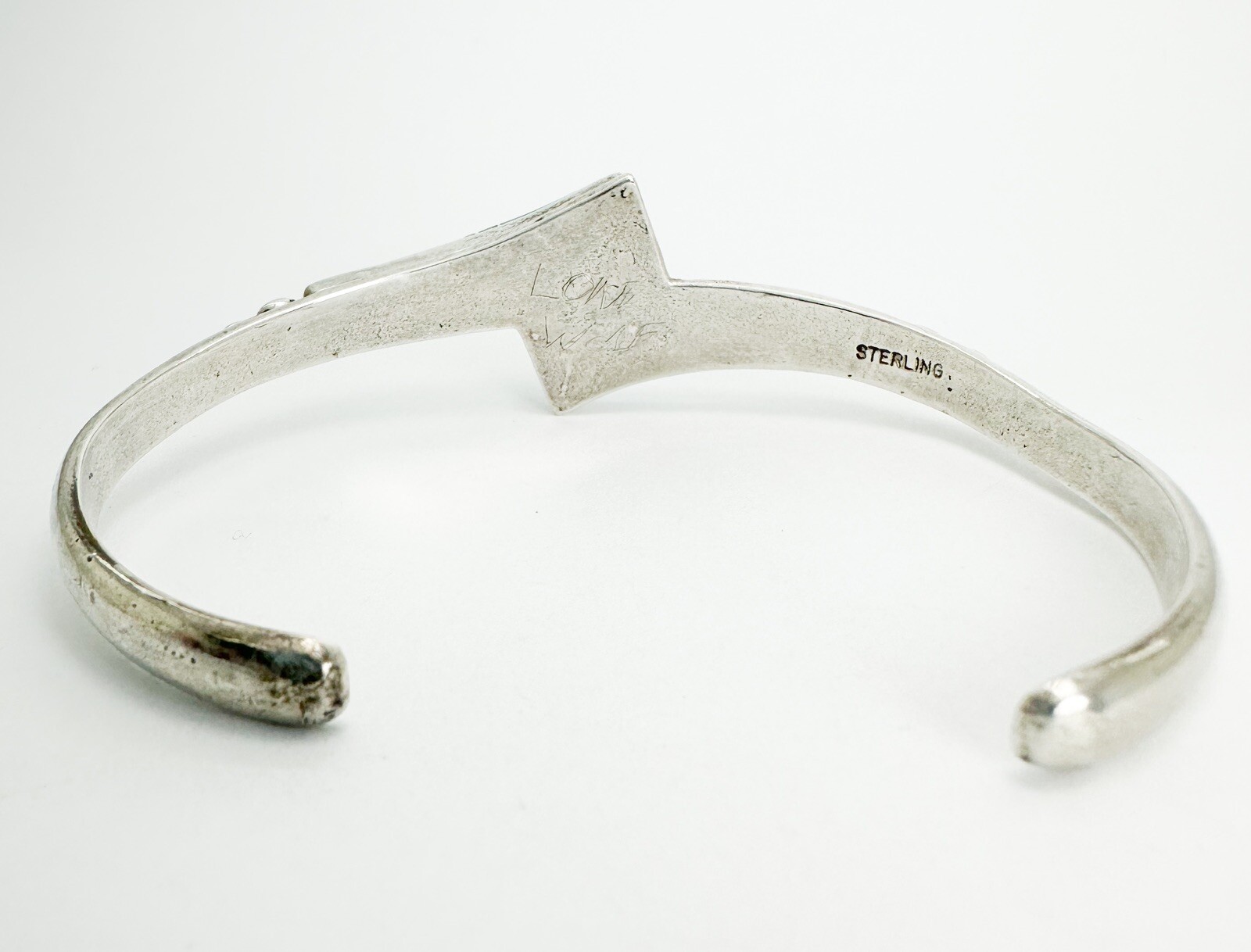 Signed Lone Wolf 925 Turquoise Inlay Wishbone Cuff Bracelet 10292 - Image 7