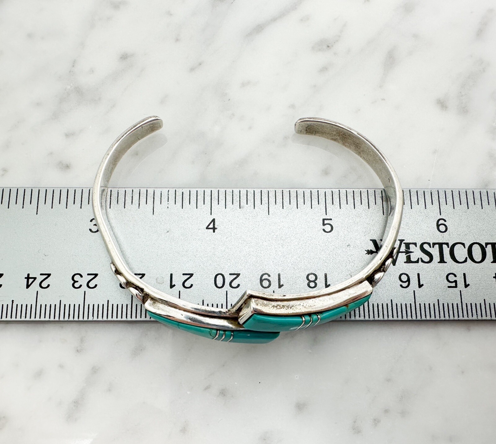 Signed Lone Wolf 925 Turquoise Inlay Wishbone Cuff Bracelet 10292 - Image 9