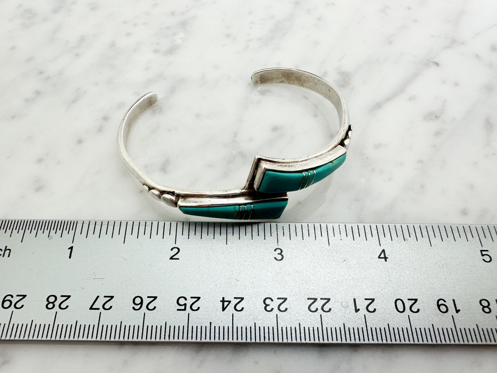 Signed Lone Wolf 925 Turquoise Inlay Wishbone Cuff Bracelet 10292 - Image 10