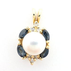 14K Gold Pendant Pearl Sapphire Diamond FOX1655