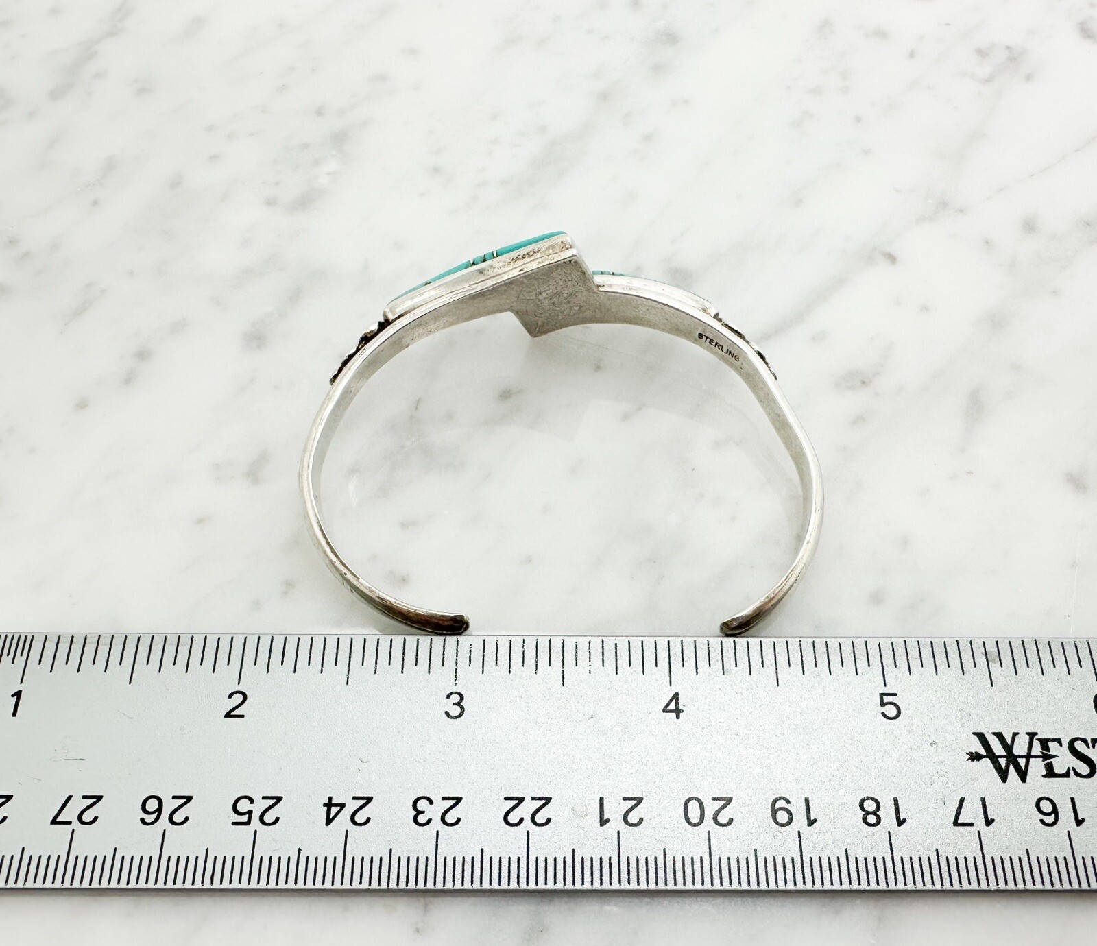 Signed Lone Wolf 925 Turquoise Inlay Wishbone Cuff Bracelet 10292 - Image 11