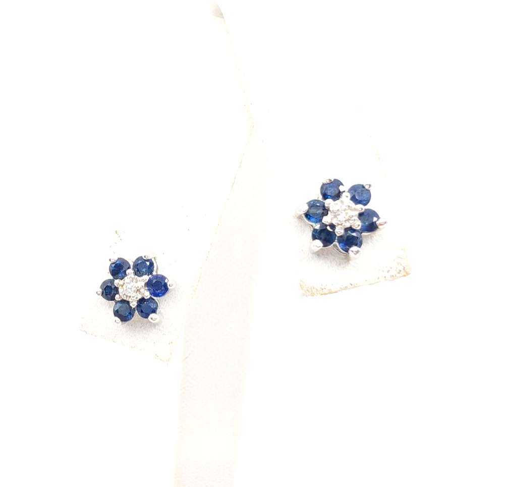 14K Gold Earrings Effy Sapphire Dia Flower Studs P785- FOX1663