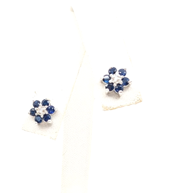 14K Gold Earrings Effy Sapphire Dia Flower Studs P785- FOX1663 - Image 2