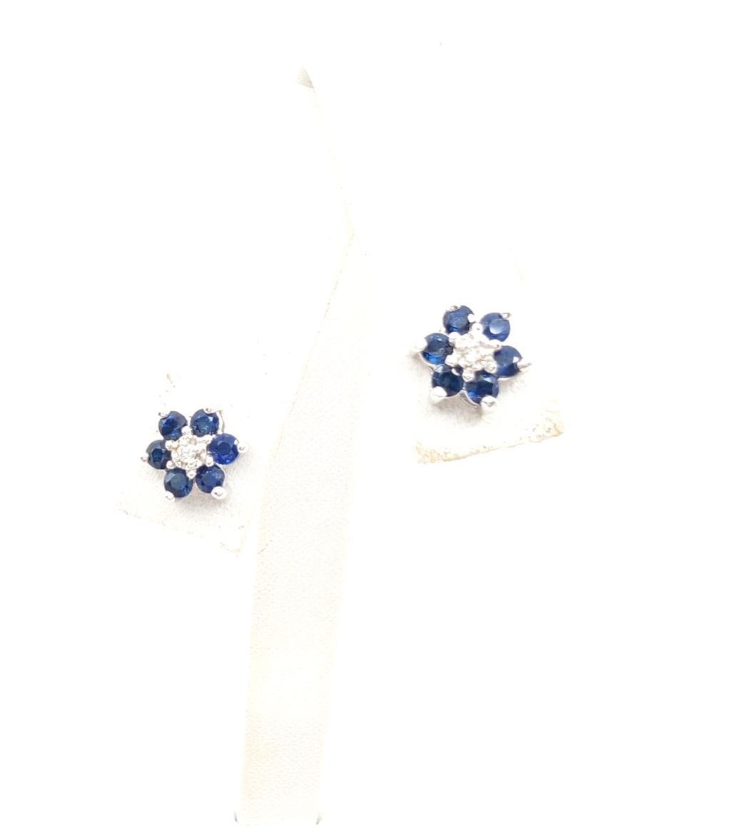 14K Gold Earrings Effy Sapphire Dia Flower Studs P785- FOX1663 - Image 3