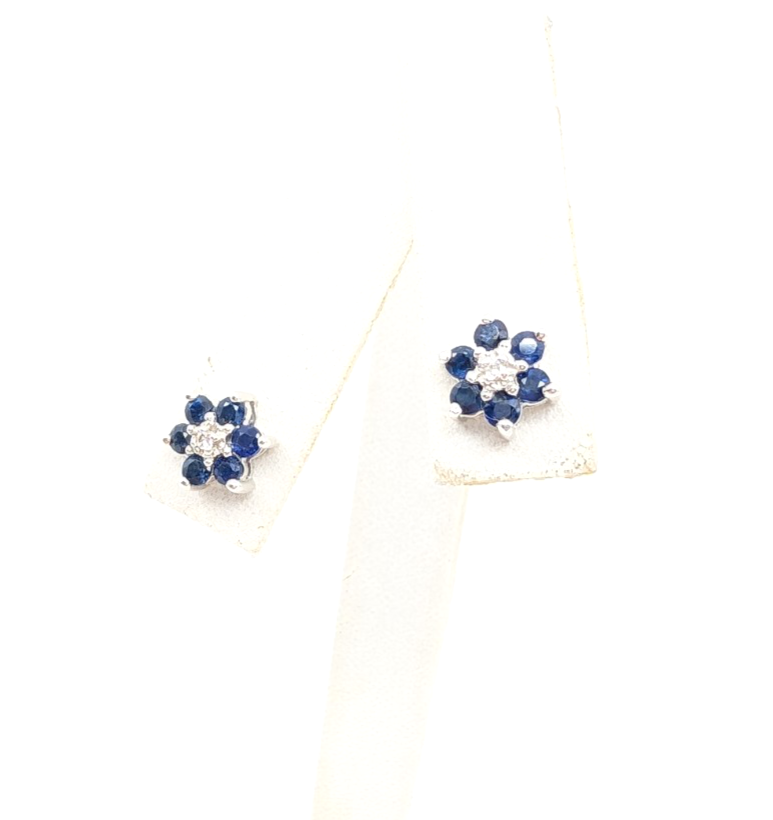 14K Gold Earrings Effy Sapphire Dia Flower Studs P785- FOX1663 - Image 4