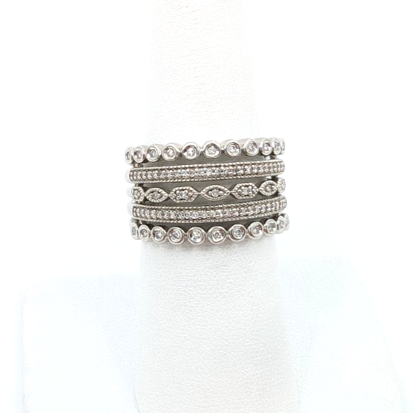 Sterling Silver 925 7 Ring Glass Encrusted/ Polished 5 Row Band 11686