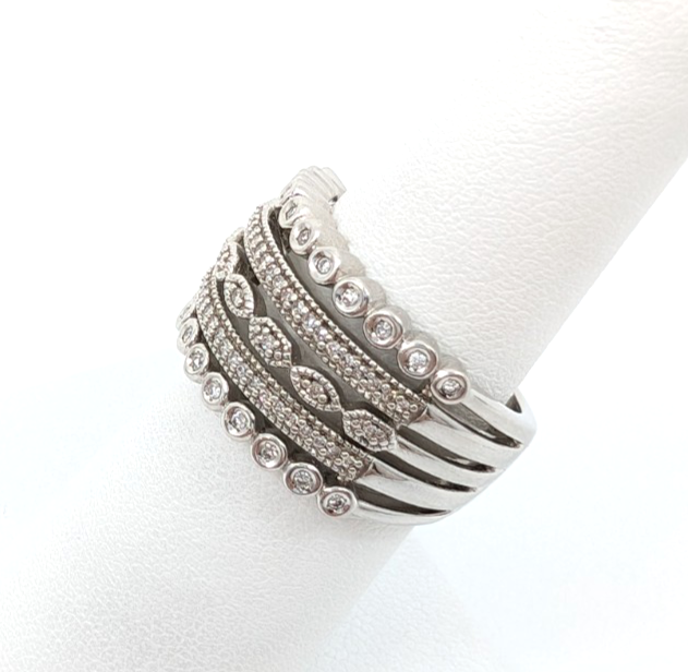 Sterling Silver 925 7 Ring Glass Encrusted/ Polished 5 Row Band 11686 - Image 2