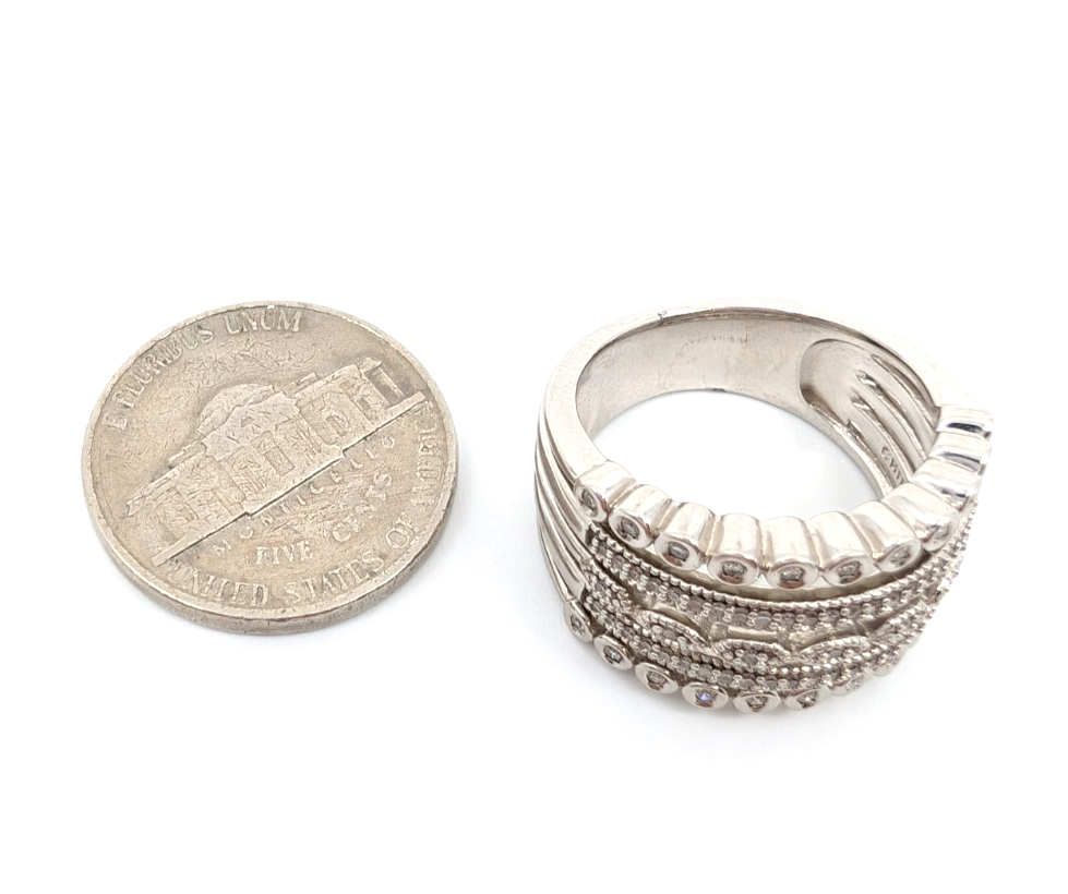 Sterling Silver 925 7 Ring Glass Encrusted/ Polished 5 Row Band 11686 - Image 10