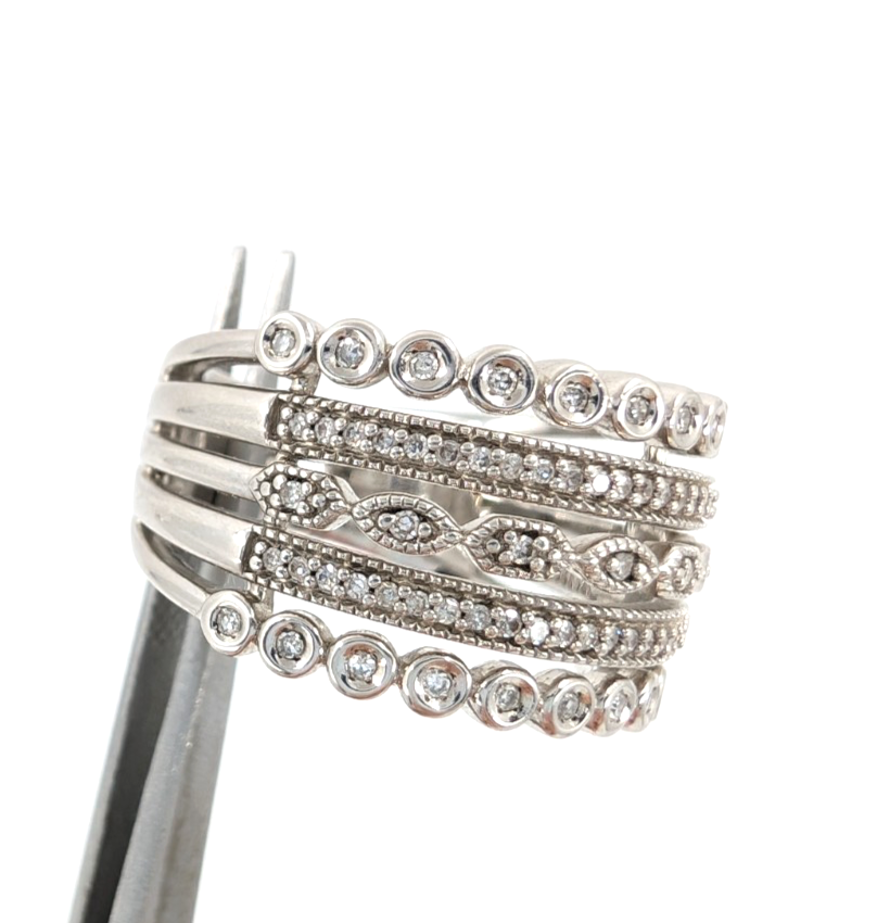 Sterling Silver 925 7 Ring Glass Encrusted/ Polished 5 Row Band 11686 - Image 14