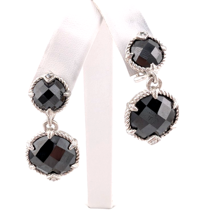 Judith Ripka Sterling Silver 925 Onyx Drop Clip on Earrings OAK518