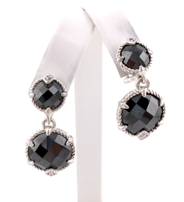 Judith Ripka Sterling Silver 925 Onyx Drop Clip on Earrings OAK518 - Image 2