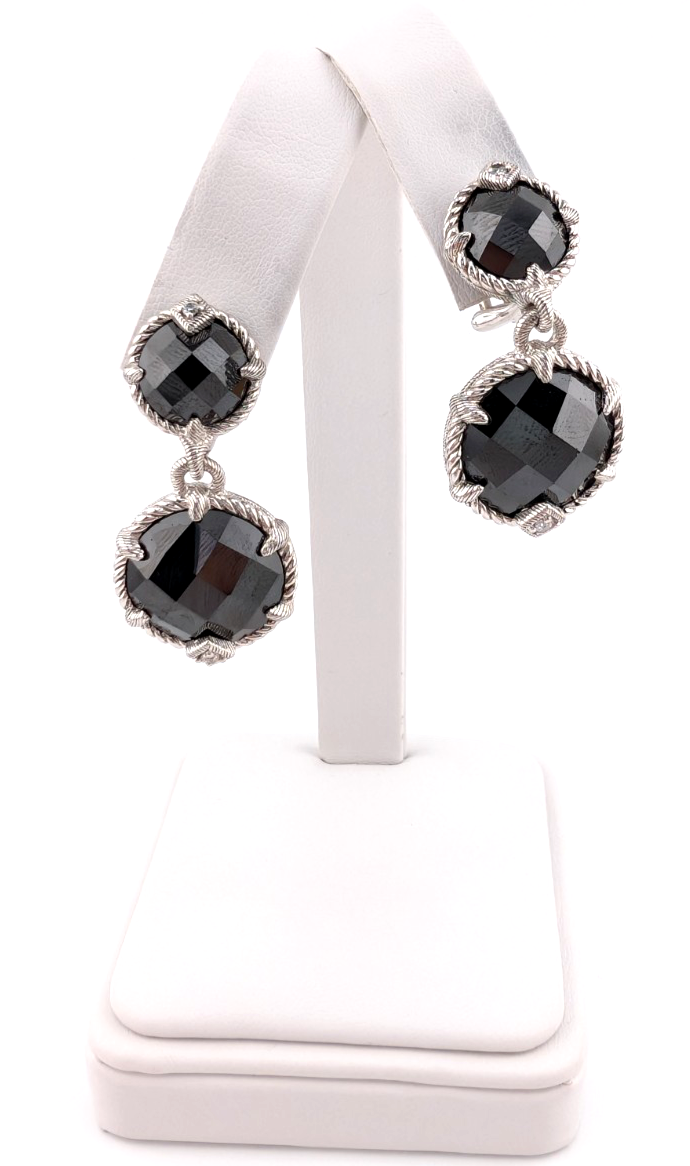 Judith Ripka Sterling Silver 925 Onyx Drop Clip on Earrings OAK518 - Image 3