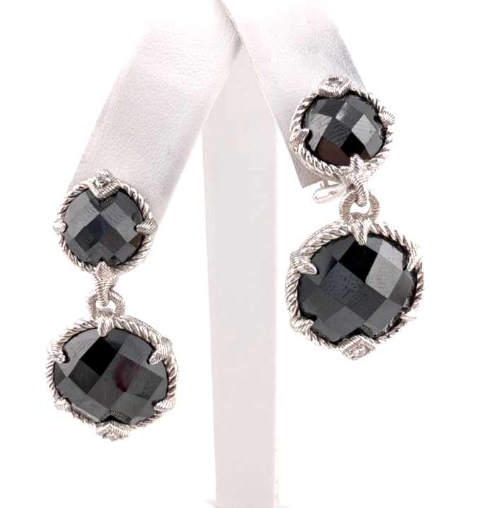 Judith Ripka Sterling Silver 925 Onyx Drop Clip on Earrings OAK518 - Image 4