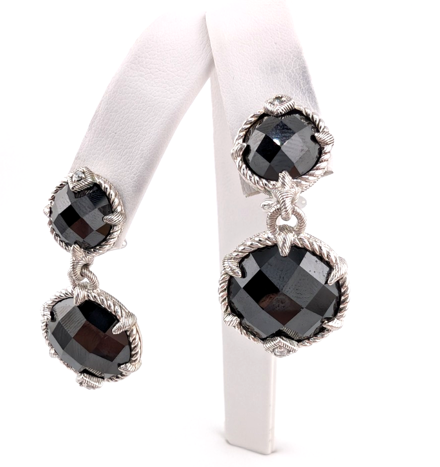 Judith Ripka Sterling Silver 925 Onyx Drop Clip on Earrings OAK518 - Image 5