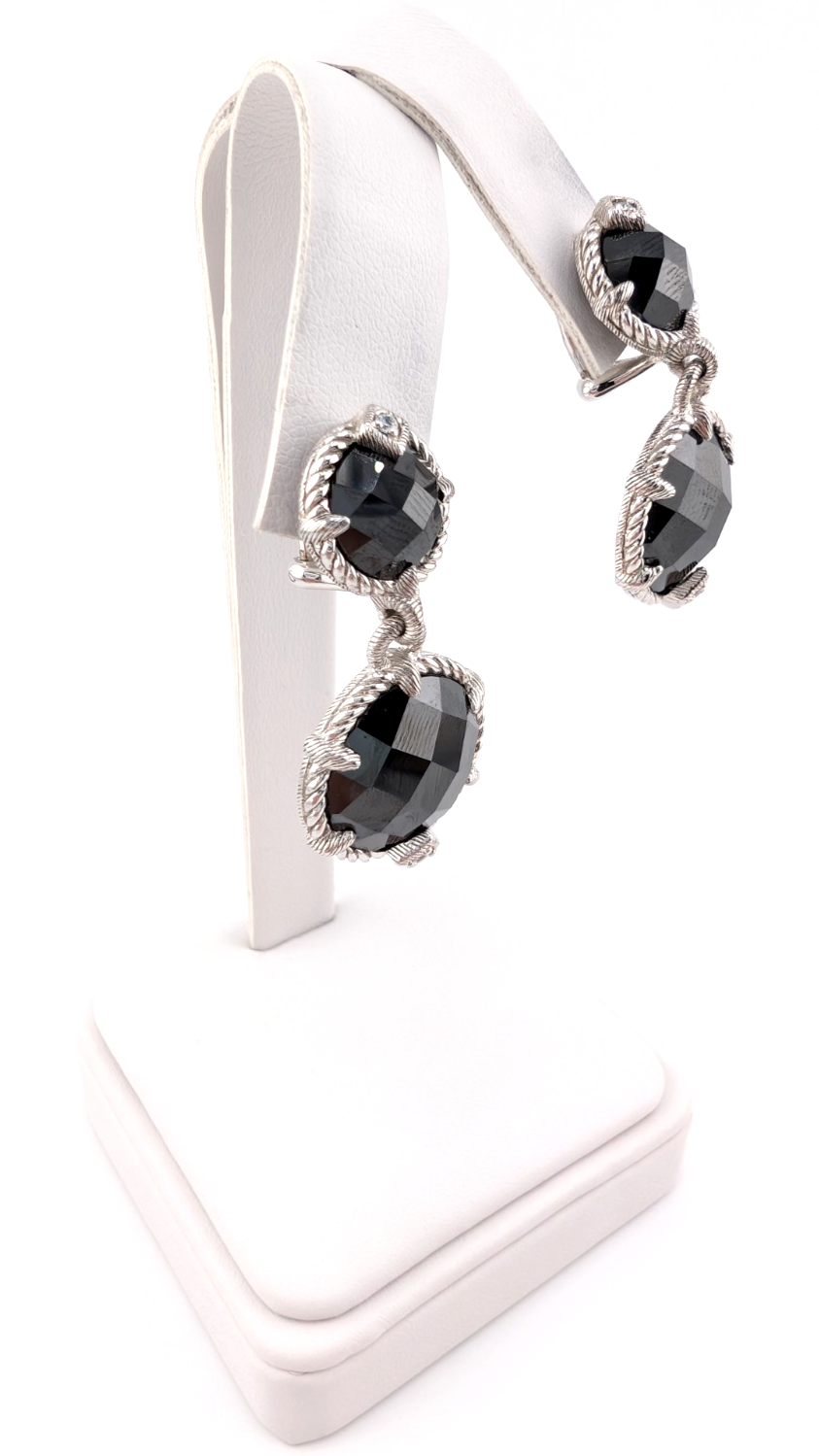 Judith Ripka Sterling Silver 925 Onyx Drop Clip on Earrings OAK518 - Image 6