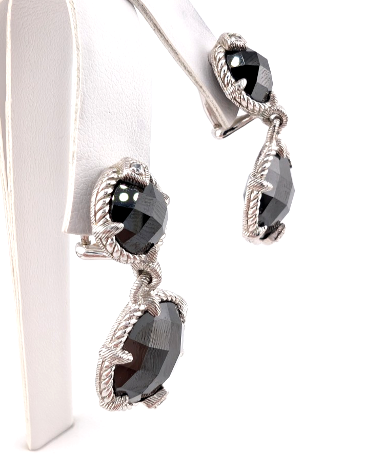 Judith Ripka Sterling Silver 925 Onyx Drop Clip on Earrings OAK518 - Image 7