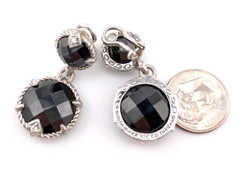Judith Ripka Sterling Silver 925 Onyx Drop Clip on Earrings OAK518 - Image 12