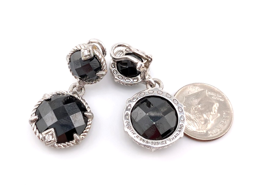 Judith Ripka Sterling Silver 925 Onyx Drop Clip on Earrings OAK518 - Image 13