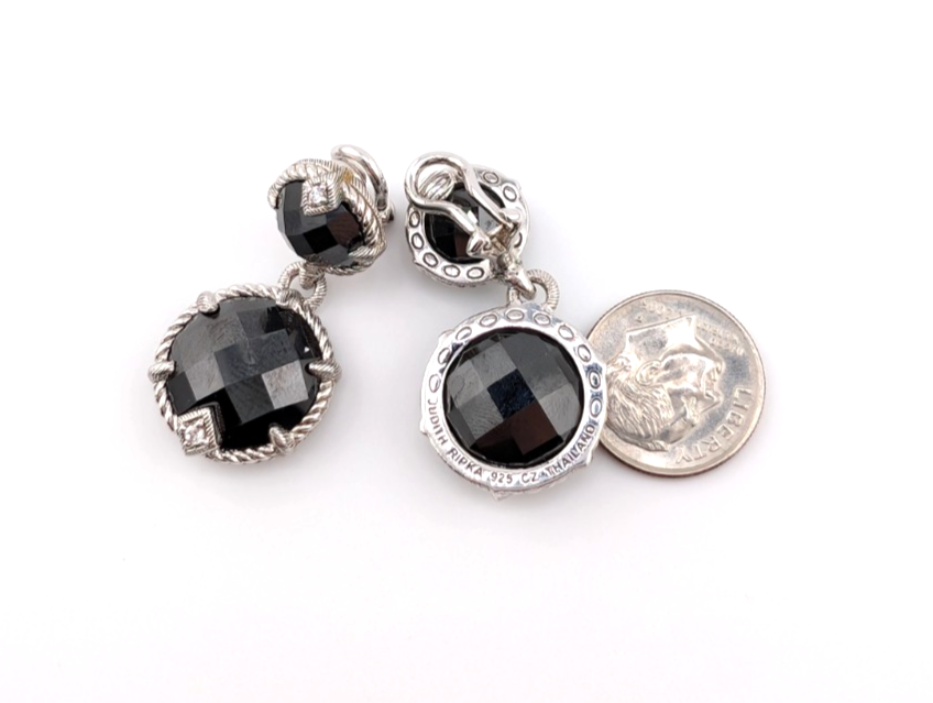 Judith Ripka Sterling Silver 925 Onyx Drop Clip on Earrings OAK518 - Image 14