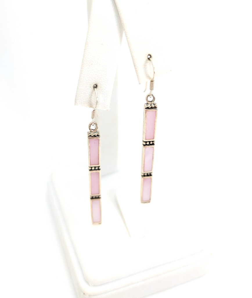 S. So Sterling Silver 925 Pink Mother of Pearl Bar Dangle Earrings 10990 - Image 2
