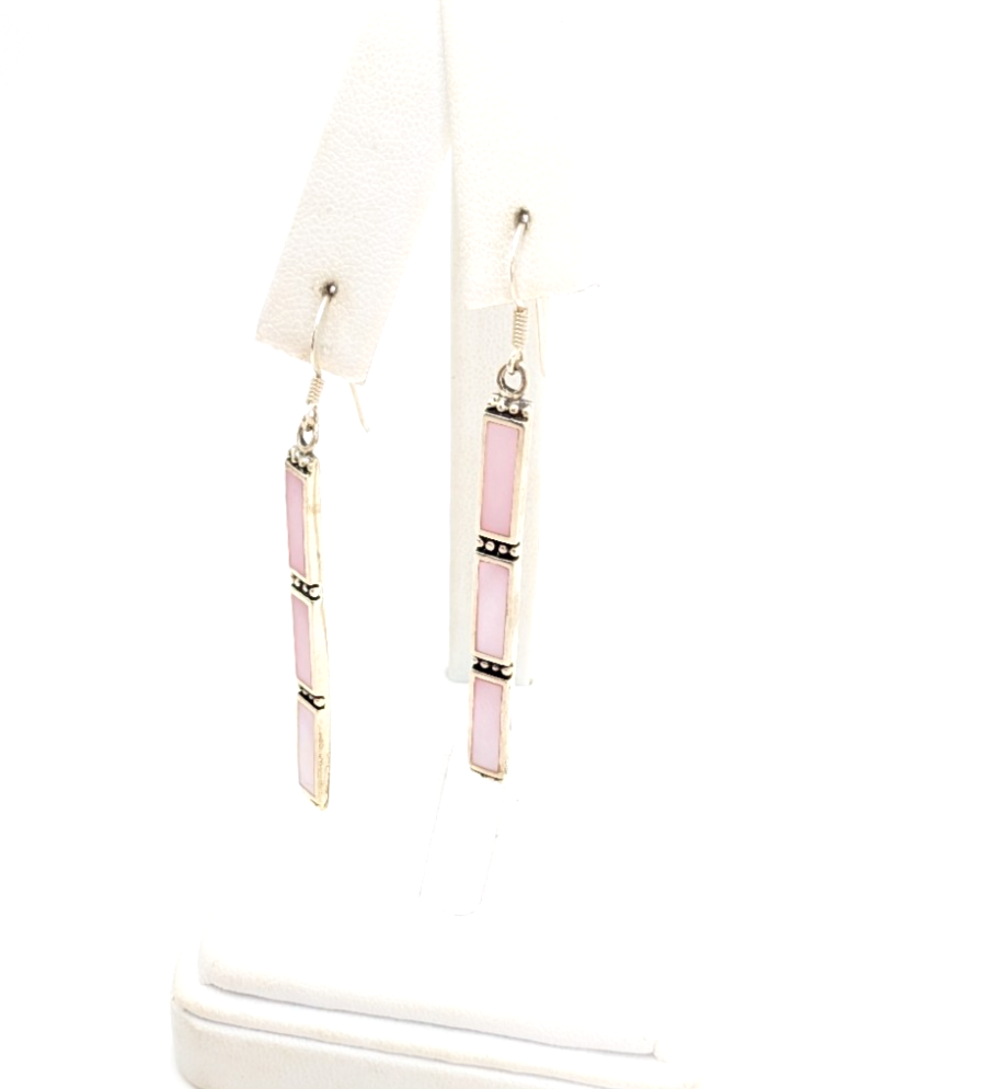 S. So Sterling Silver 925 Pink Mother of Pearl Bar Dangle Earrings 10990 - Image 3