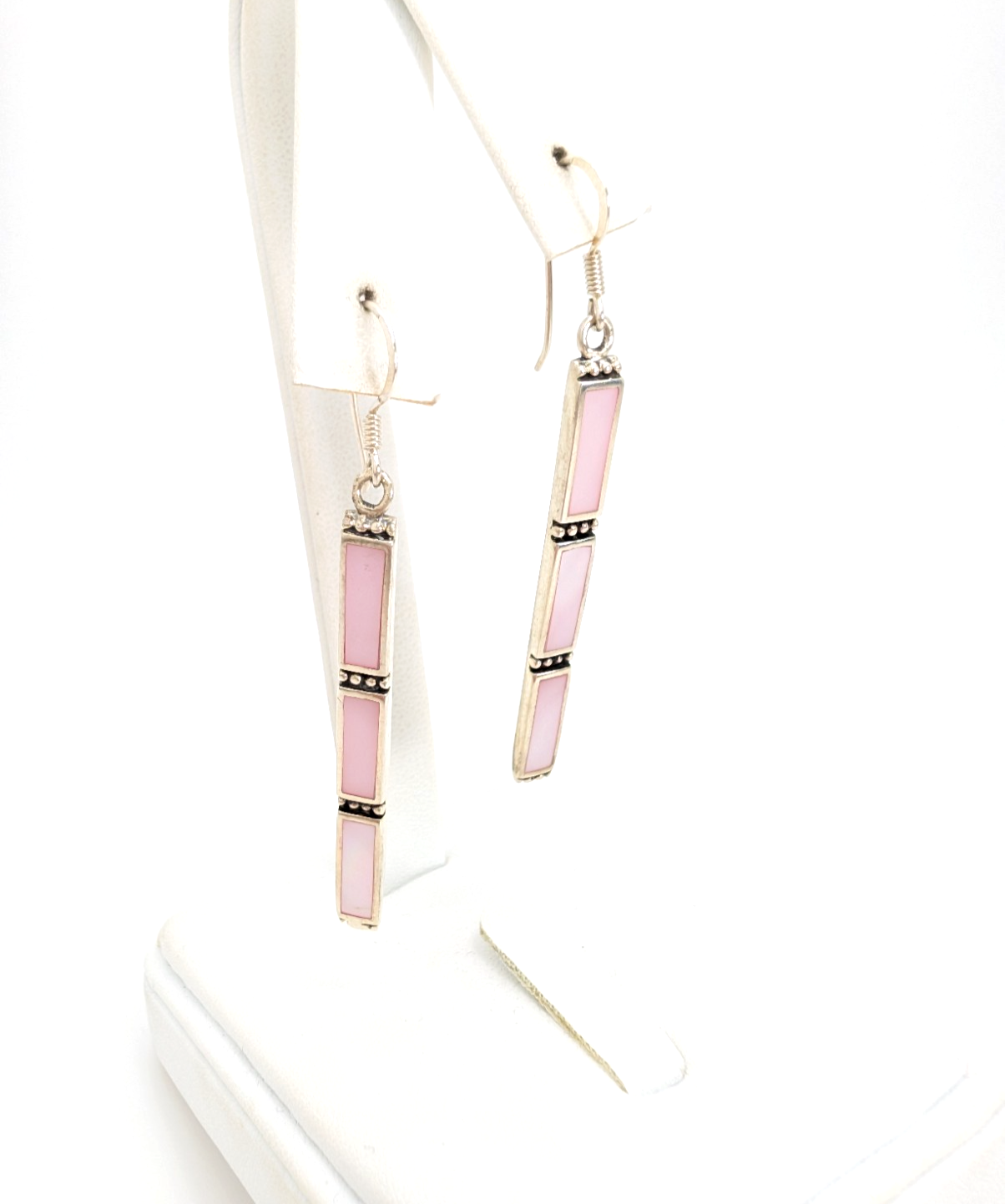 S. So Sterling Silver 925 Pink Mother of Pearl Bar Dangle Earrings 10990 - Image 4