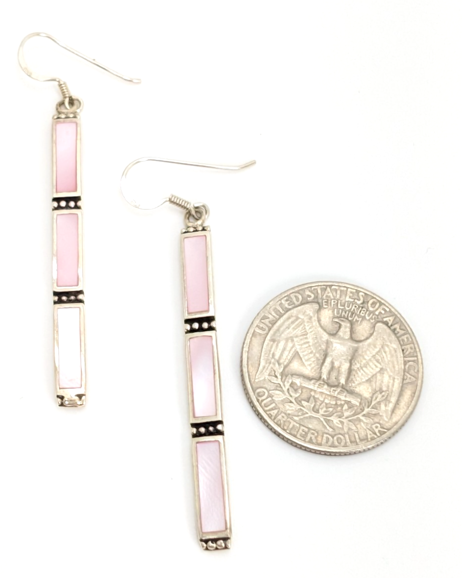 S. So Sterling Silver 925 Pink Mother of Pearl Bar Dangle Earrings 10990 - Image 7