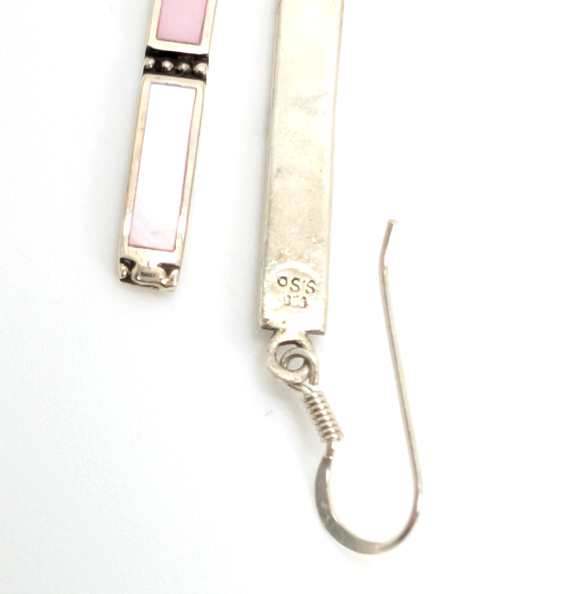 S. So Sterling Silver 925 Pink Mother of Pearl Bar Dangle Earrings 10990 - Image 8