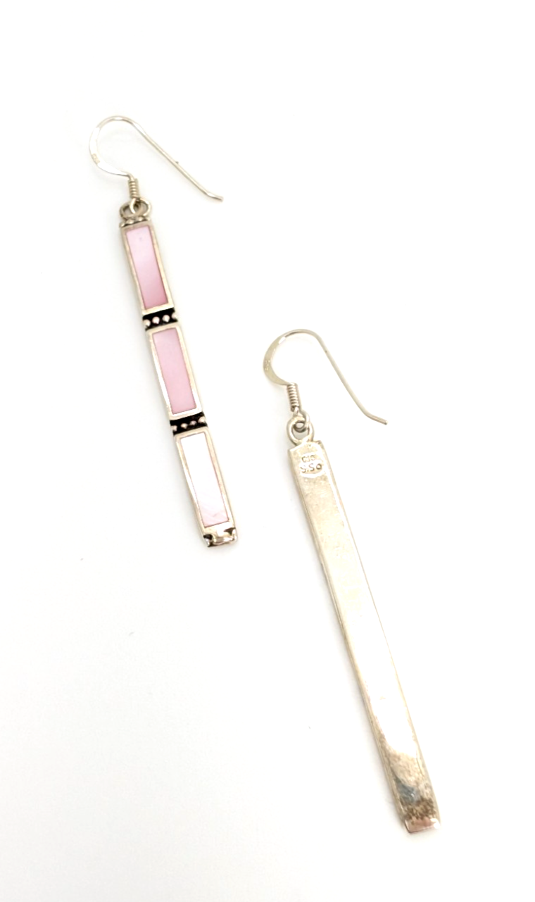 S. So Sterling Silver 925 Pink Mother of Pearl Bar Dangle Earrings 10990 - Image 9
