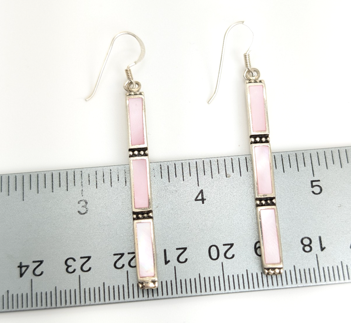 S. So Sterling Silver 925 Pink Mother of Pearl Bar Dangle Earrings 10990 - Image 12