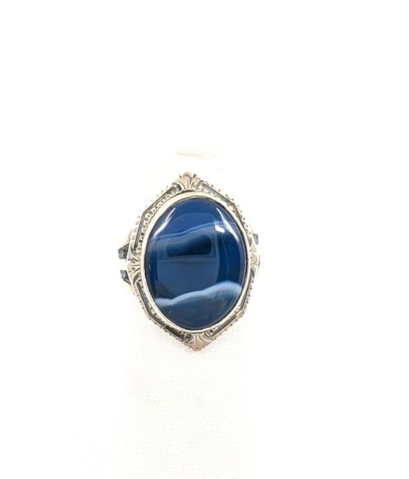 Sterling Silver 925 4.5 Ring Banded Blue Agate framed R679- FOX1615