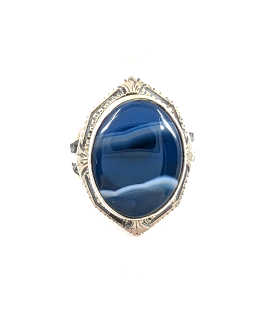 Sterling Silver 925 4.5 Ring Banded Blue Agate framed R679- FOX1615 - Image 2