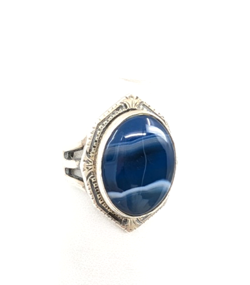 Sterling Silver 925 4.5 Ring Banded Blue Agate framed R679- FOX1615 - Image 3